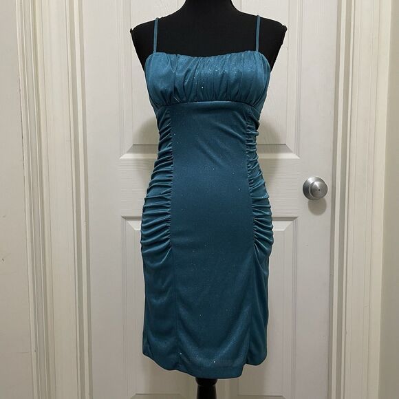 iz Byer Mini Dress Teal Glitter Sparkly 2010 Juniors Small Prom Hoco Dance - Picture 1 of 8